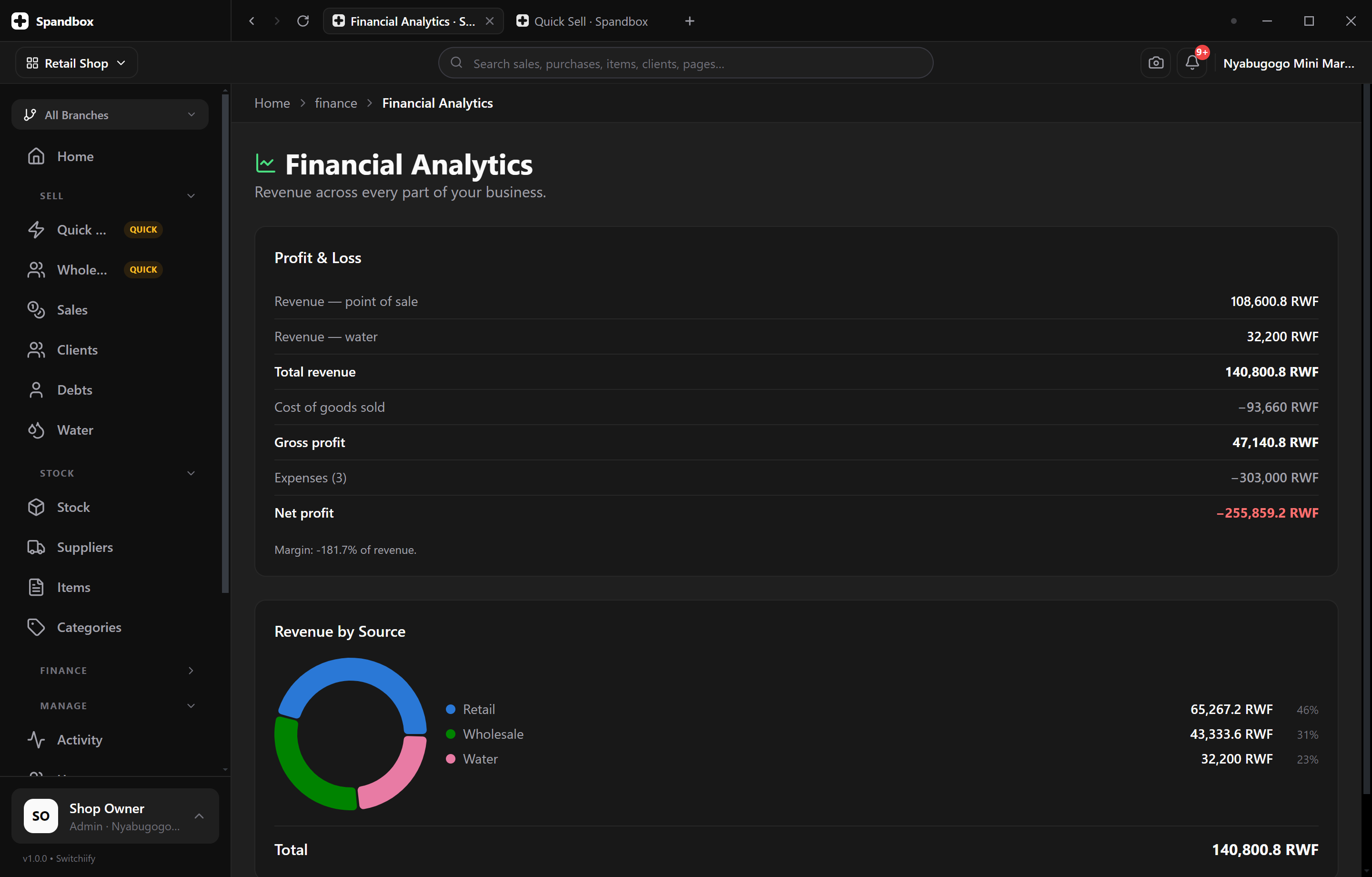 Financial analytics open in the desktop app — revenue, margin and expenses over a selected period.