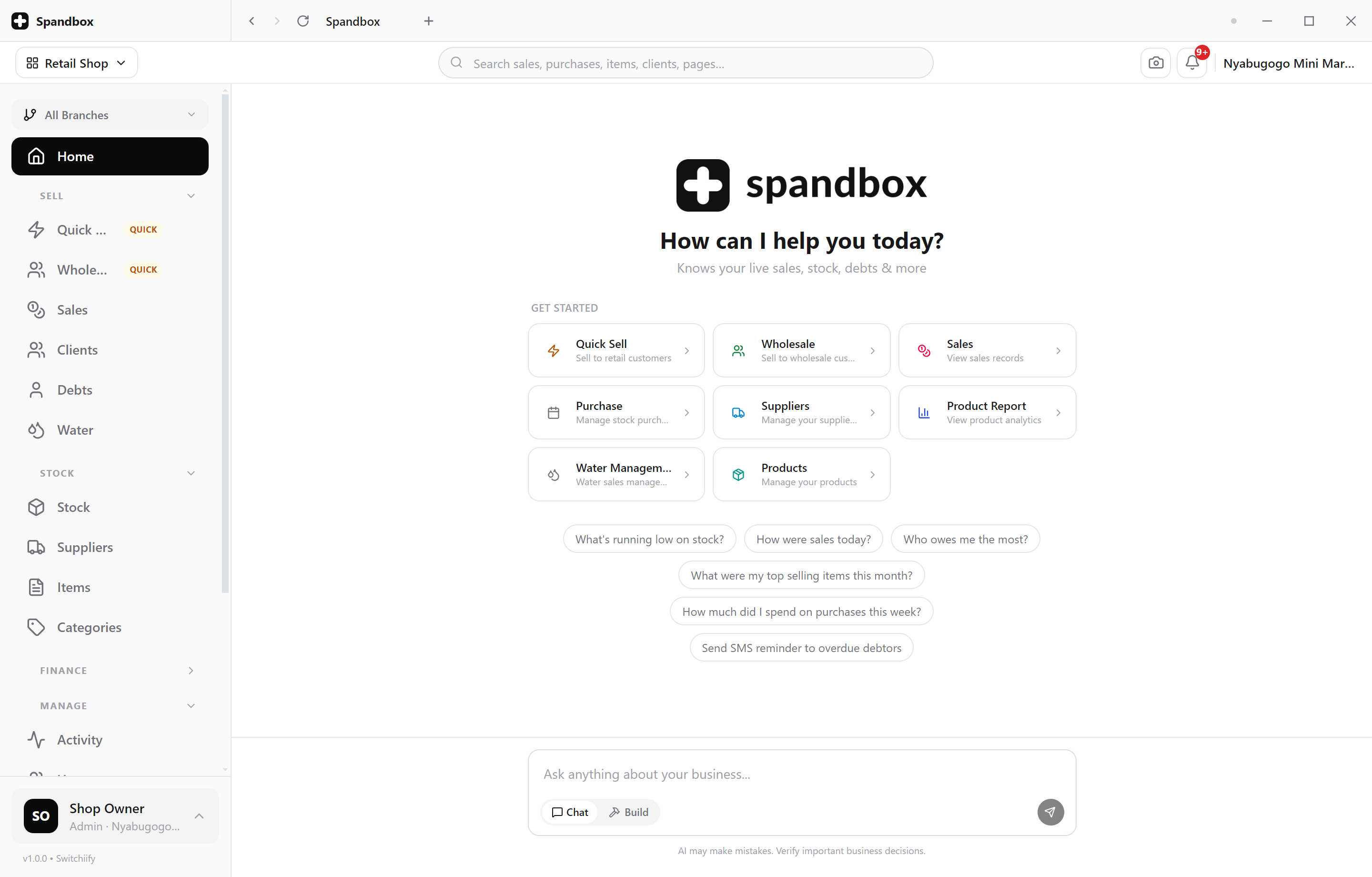 The Spandbox desktop app open on the home screen, with its custom title bar and tab strip above the app.