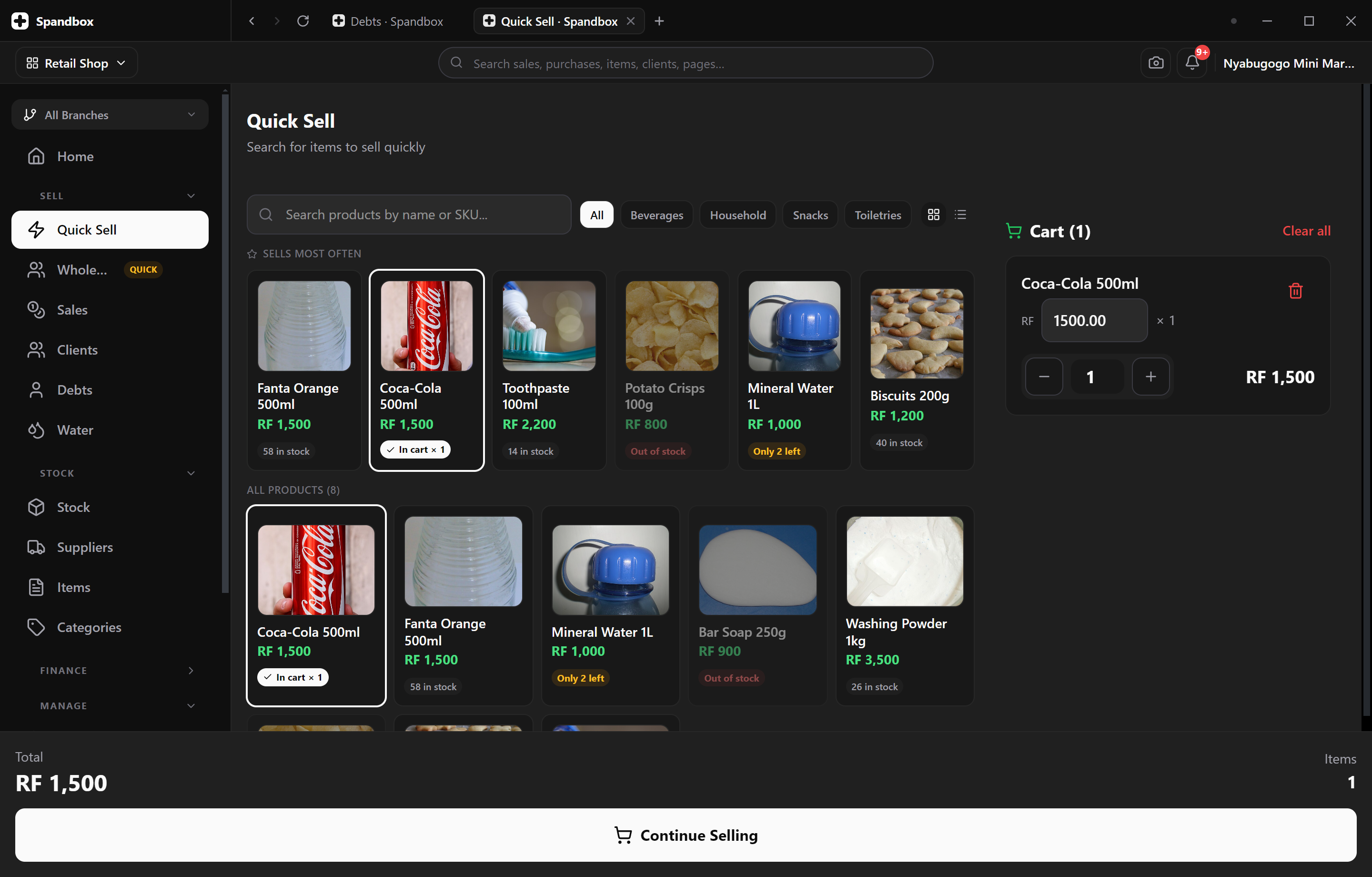 The Spandbox desktop window with two tabs open — the dashboard in one, the point of sale in the other, each tab titled after the page it's on.
