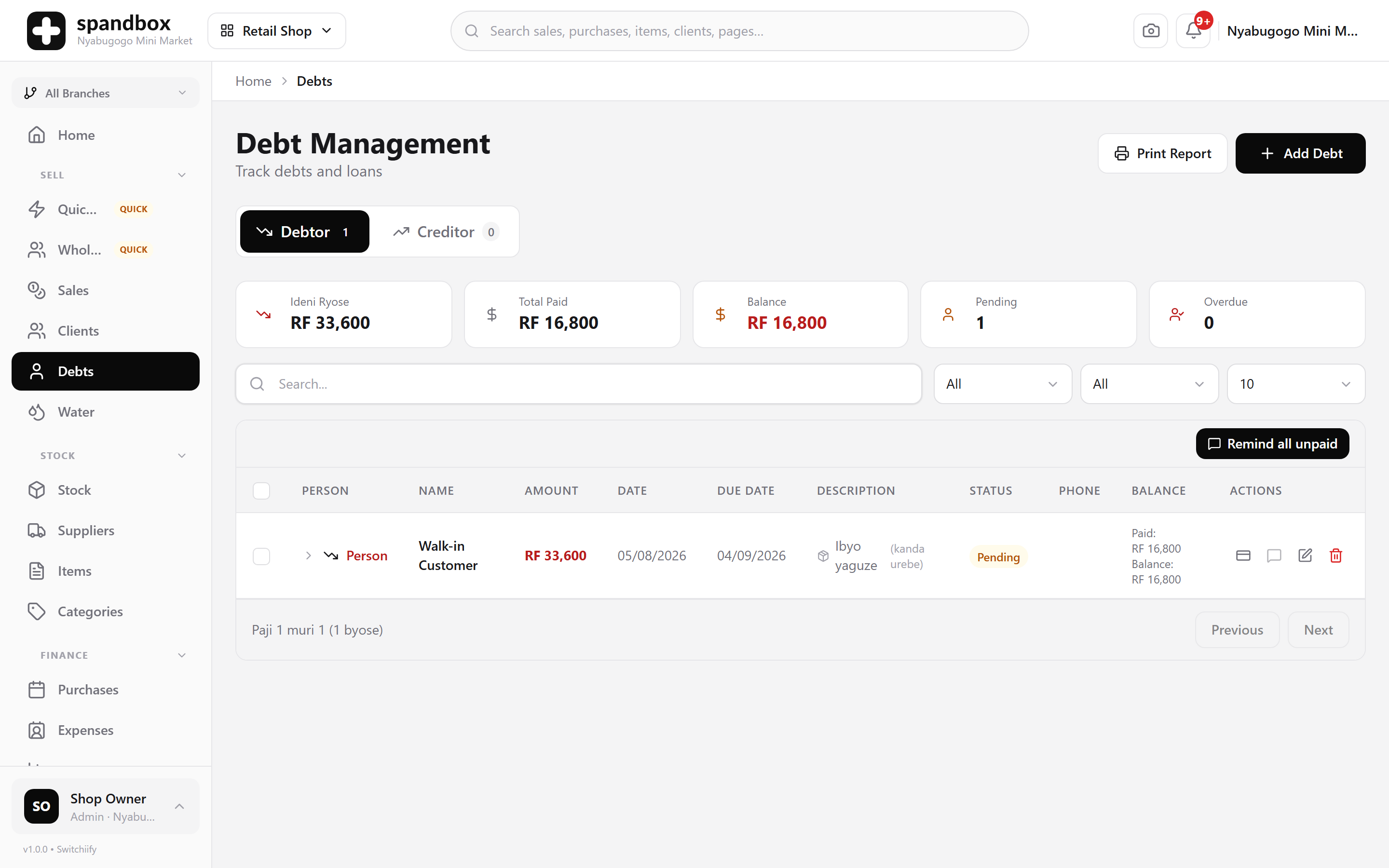 The debt ledger: totals paid and outstanding above a table of debtors with amounts, due dates, status and running balances, and a Remind all unpaid button.