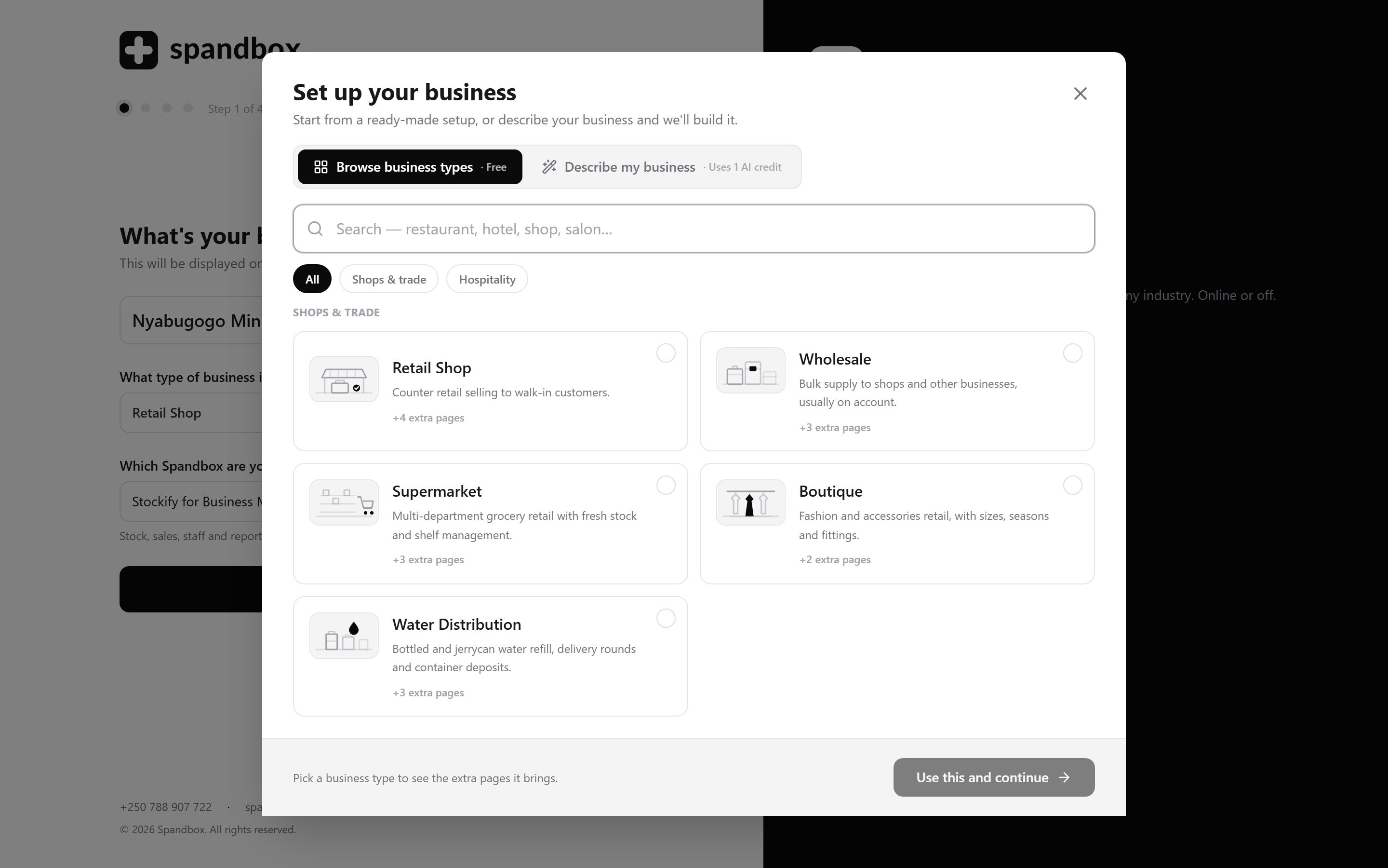 Signing up for Spandbox with the business-type set-up open: a tab of ready-made setups — retail shop, wholesale, supermarket, boutique, water distribution — beside a 'describe my business' tab.