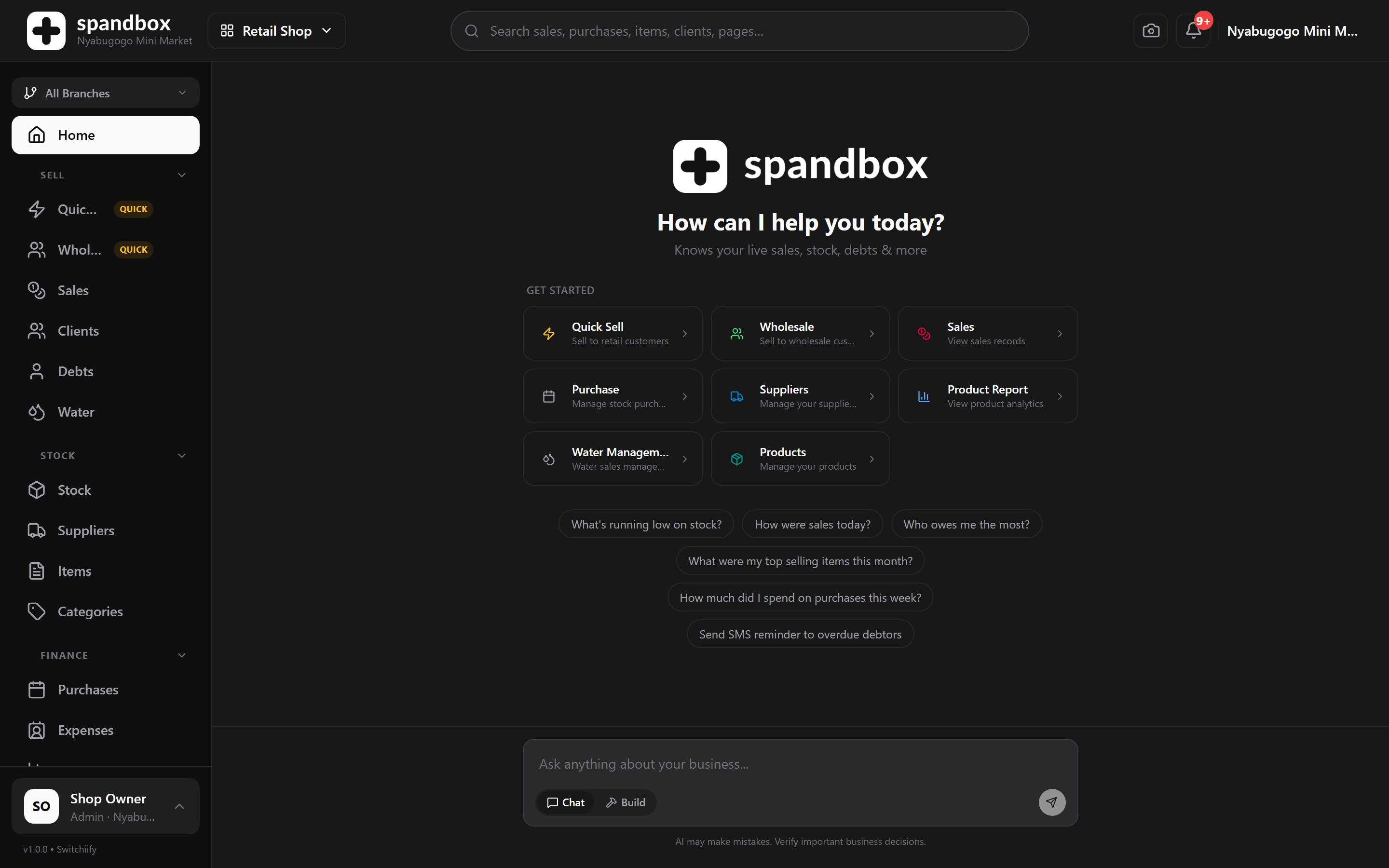 The Spandbox home screen in dark mode: the assistant prompt, shortcuts to every page, and the sidebar the platform builds pages into.