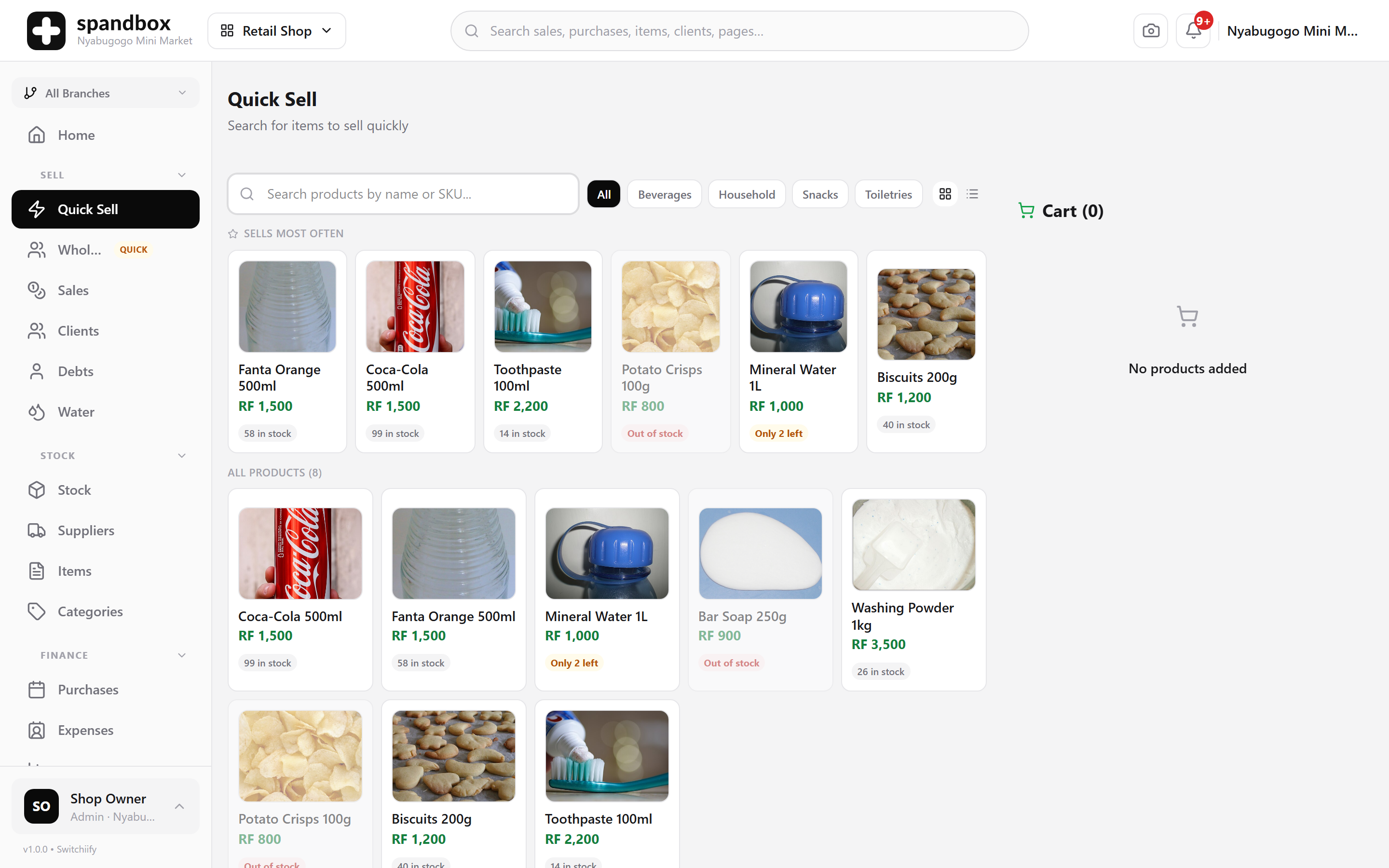 The Spandbox point of sale: the product grid on the left and the running basket and payment options on the right.