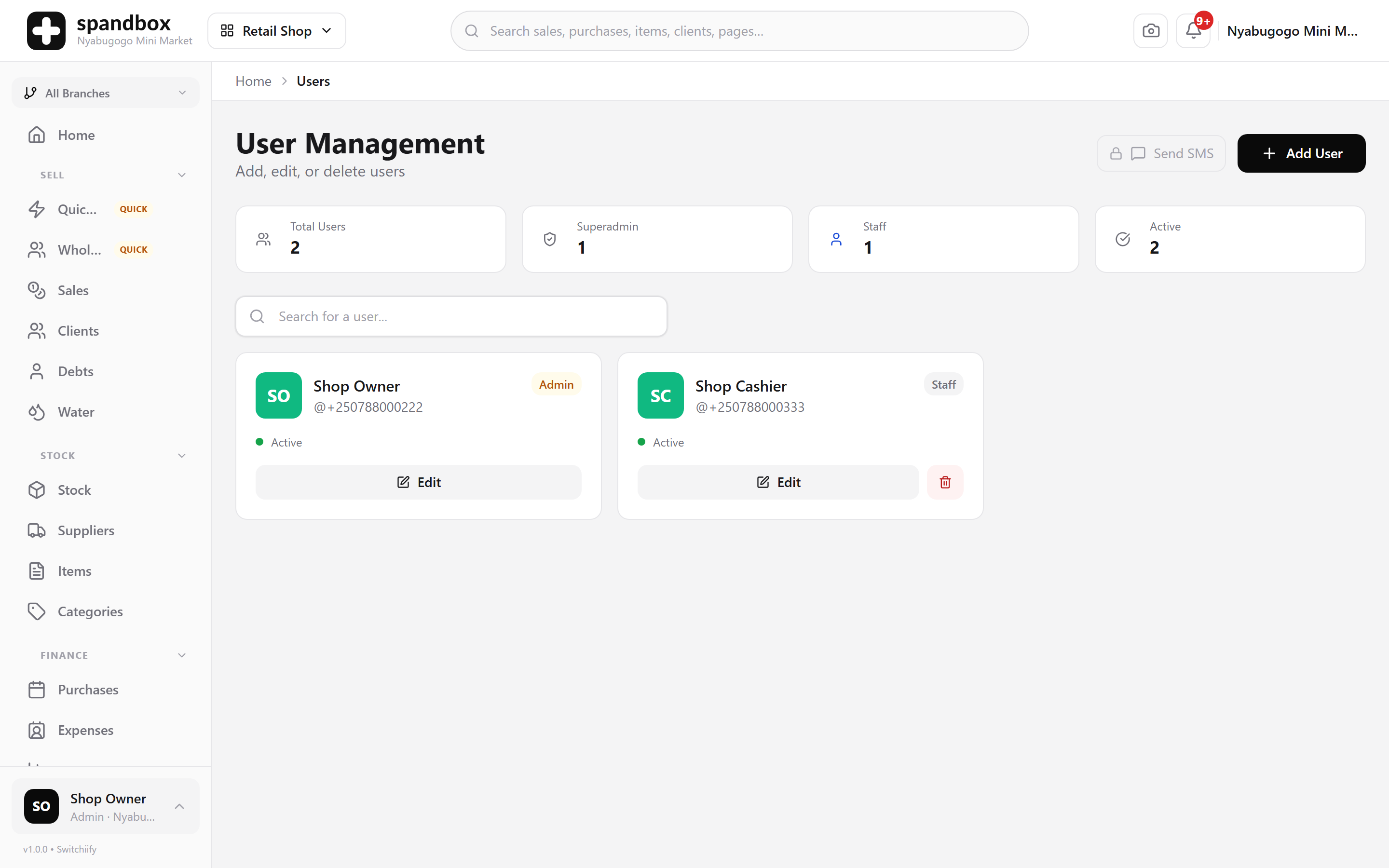 Staff accounts with roles and per-page permissions.